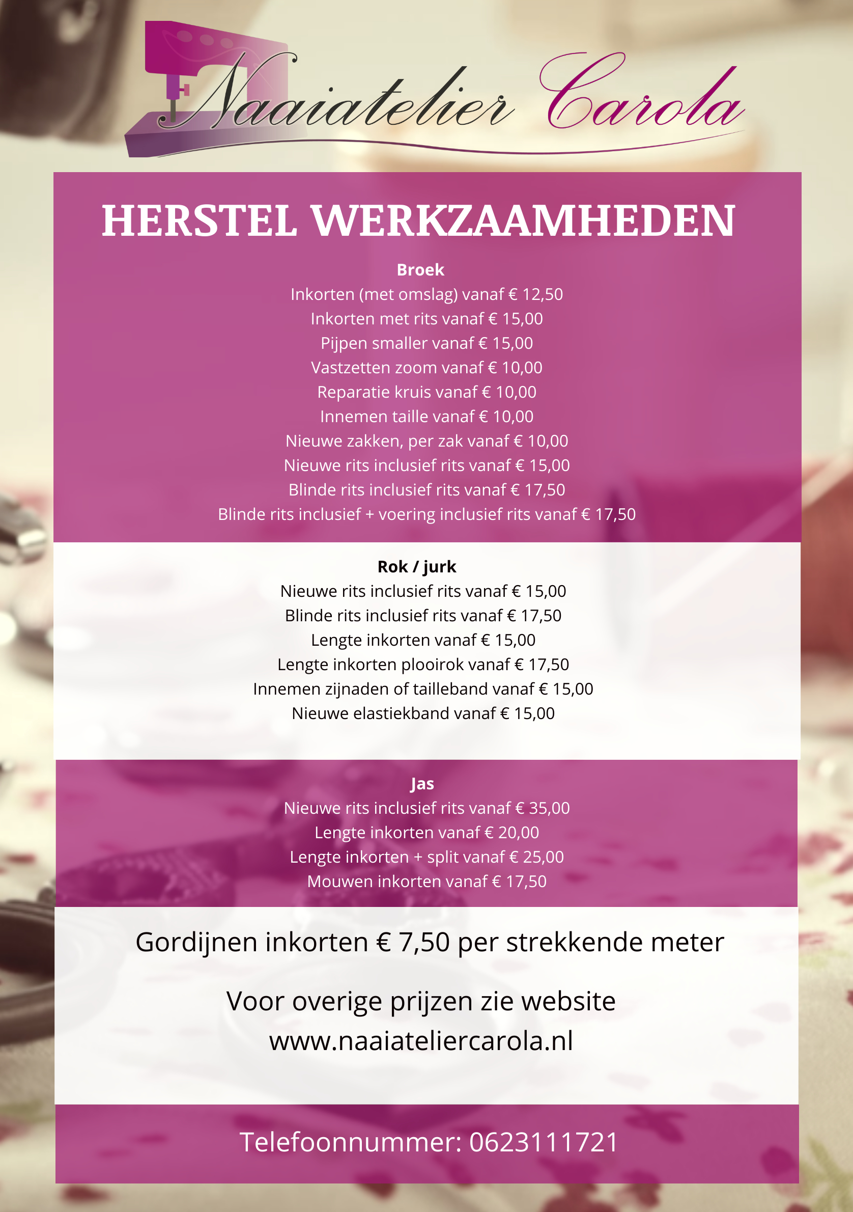 Naaiatelier Carola, herstel werkzaamheden in Beek en Donk
